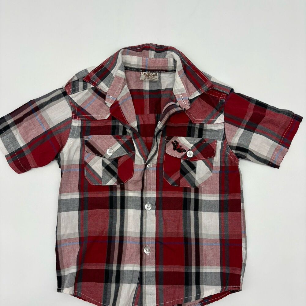 American Hawk Plaid Short Sleeve Button-Up Collared Shirt Red Black Gray 12M